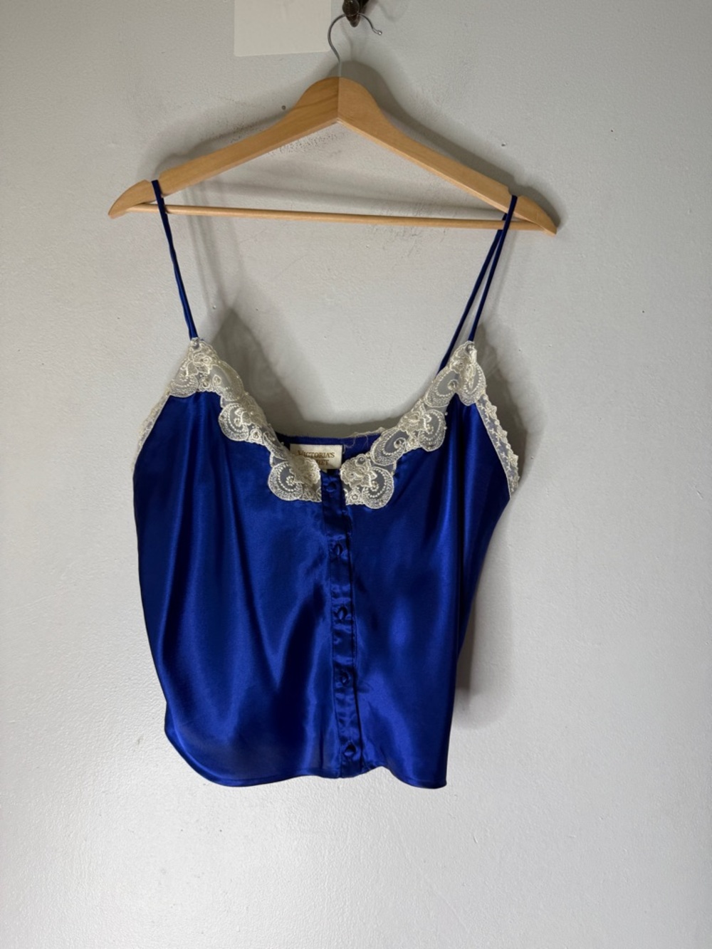 Vintage Victoria's Secret Gold Label Cobalt Blue Satin Lace‎ Button Up Crop Cami